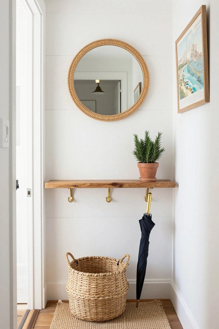 A round mirror hangs above a wooden shelf with brass hooks on a white wall, with a woven basket on a rug below and an umbrella hanging from one hook.