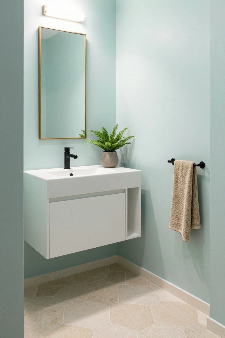 A bathroom with a white floating vanity, black faucet, rectangular gold-framed mirror, and light mint green walls.