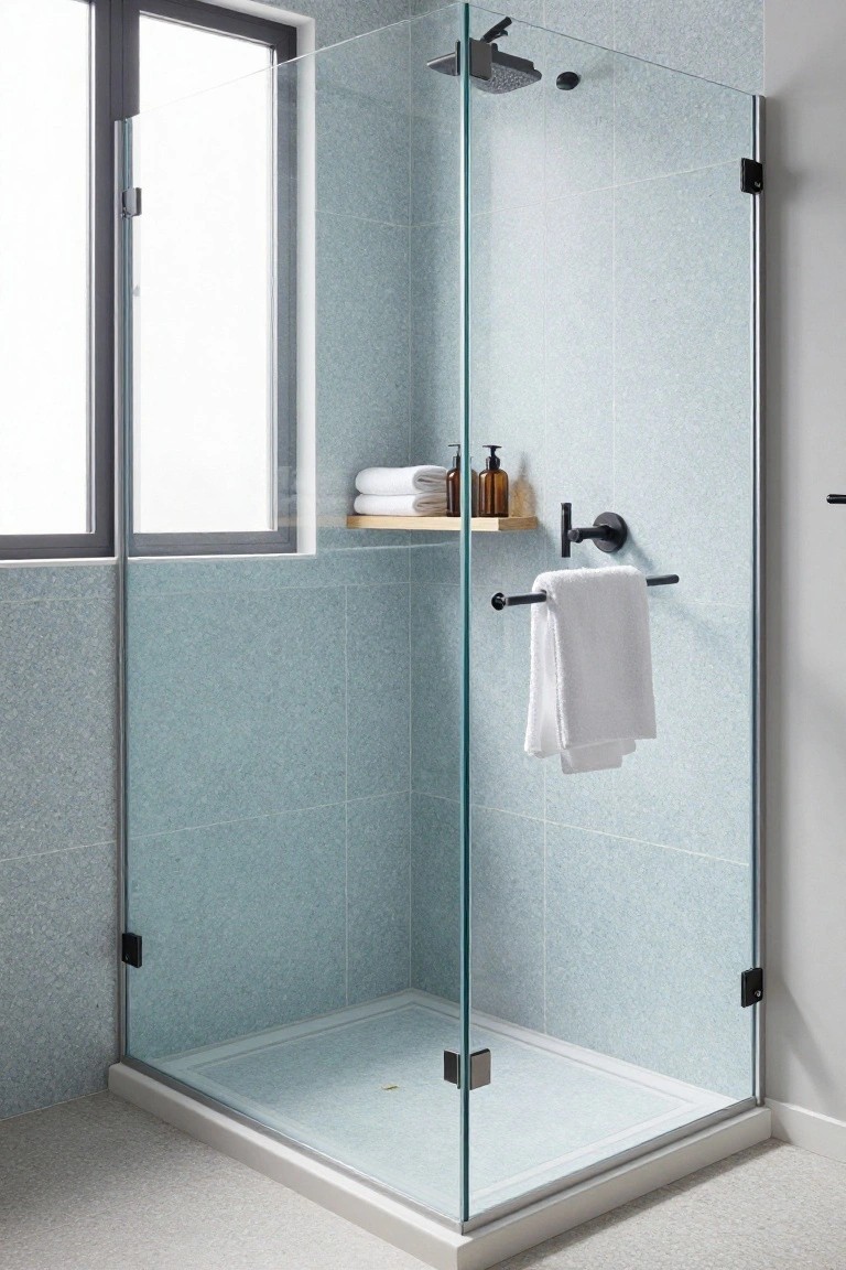 A walk-in shower enclosed by clear glass panels with light blue tiled walls, a floating wooden shelf, and black fixtures.