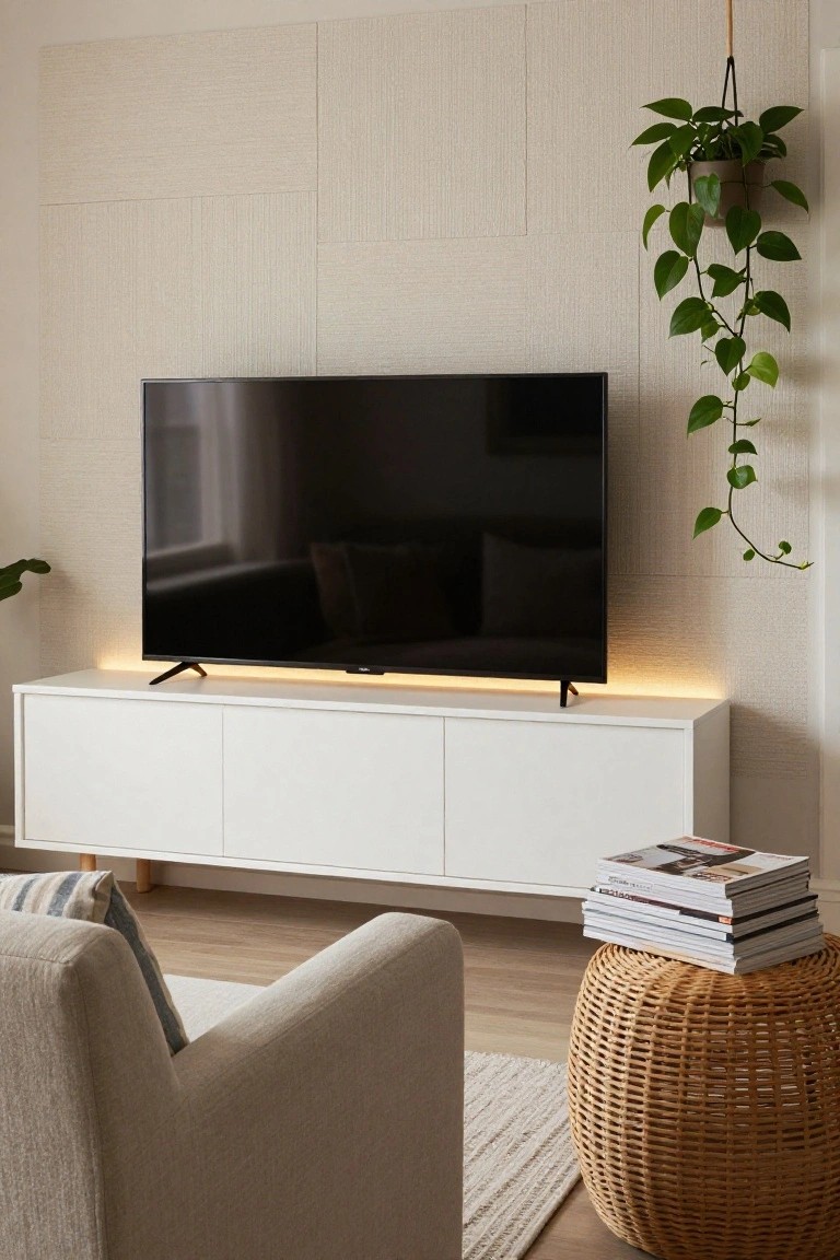 A living room scene showing a black flat screen TV on a long white media console with under lighting, against a textured wall, next to a hanging plant and a woven stool with stacked magazines.