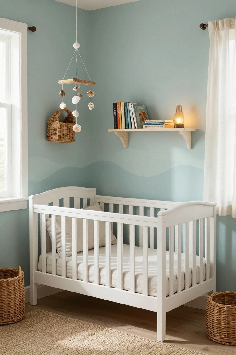 A white crib in a nursery with light blue walls featuring a painted wave pattern, a seashell mobile above the crib, and a floating shelf holding books.