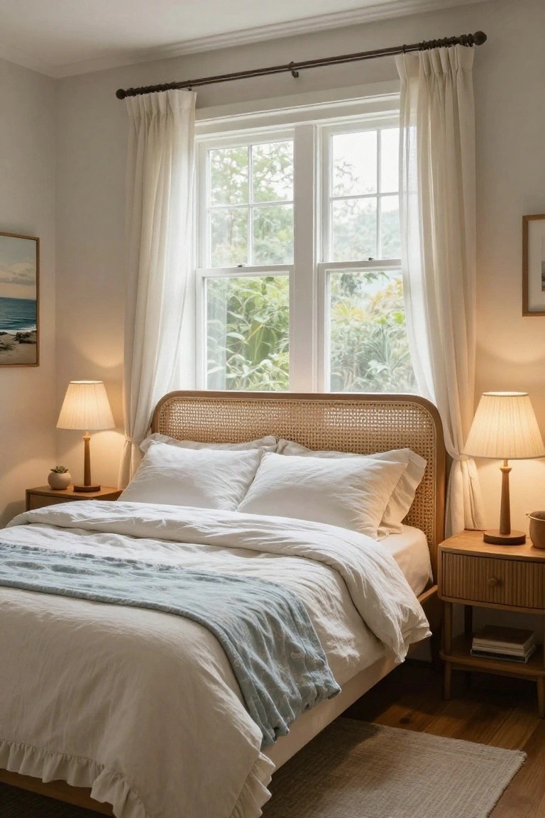 Cozy bedroom with rattan headboard, white bedding, blue throw, and curtained window.