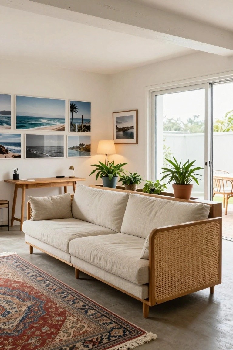 Coastal living room with beige sofa, wooden furniture, potted plants, and ocean wall art