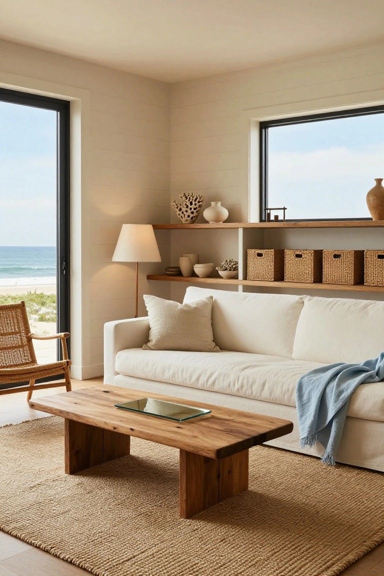 A bright living room with a white sofa under floating wooden shelves holding woven baskets and neutral decor, a wooden coffee table on a woven rug, and large windows showing an ocean view.