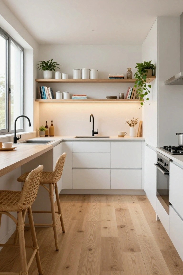 A bright kitchen with white lower cabinets, two light wood floating shelves above the counter with under-shelf lighting, a black faucet sink, light wood flooring, and two woven bar stools at the end of the counter.
