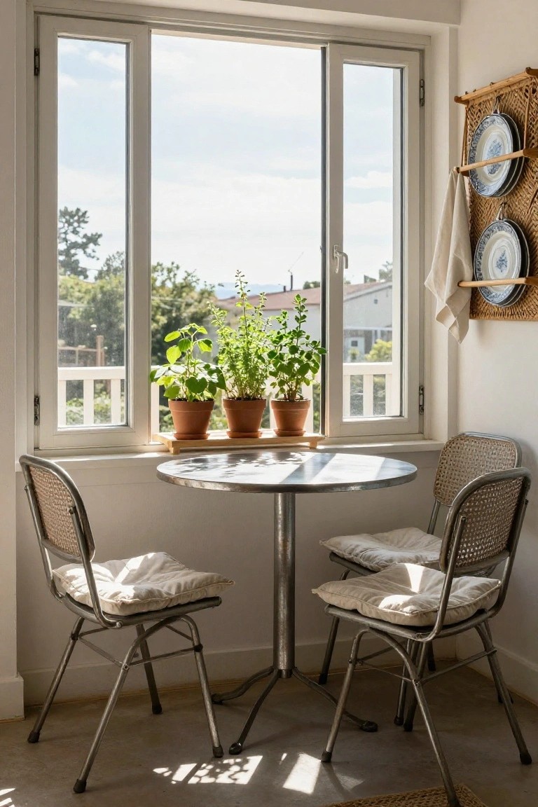 Sunlit nook with round metal table, woven chairs, and potted plants on windowsill