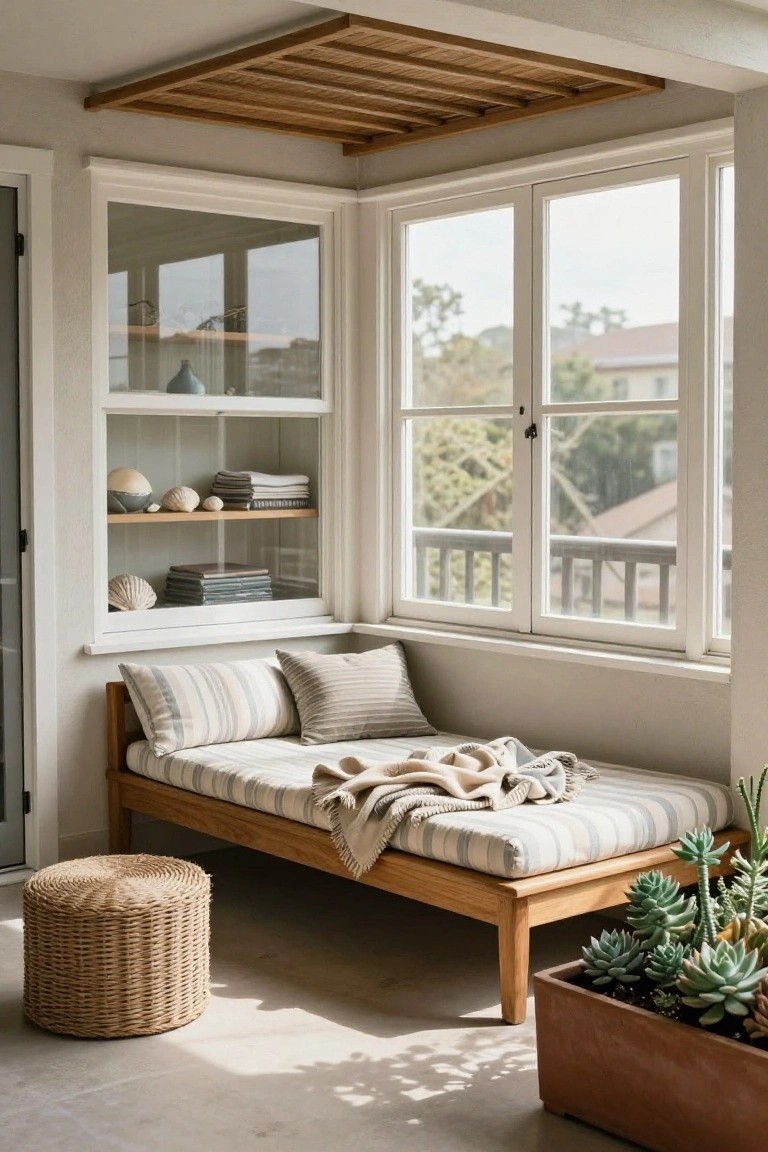 A wooden daybed with striped bedding sits beneath large windows next to built-in corner shelves in a bright interior room.
