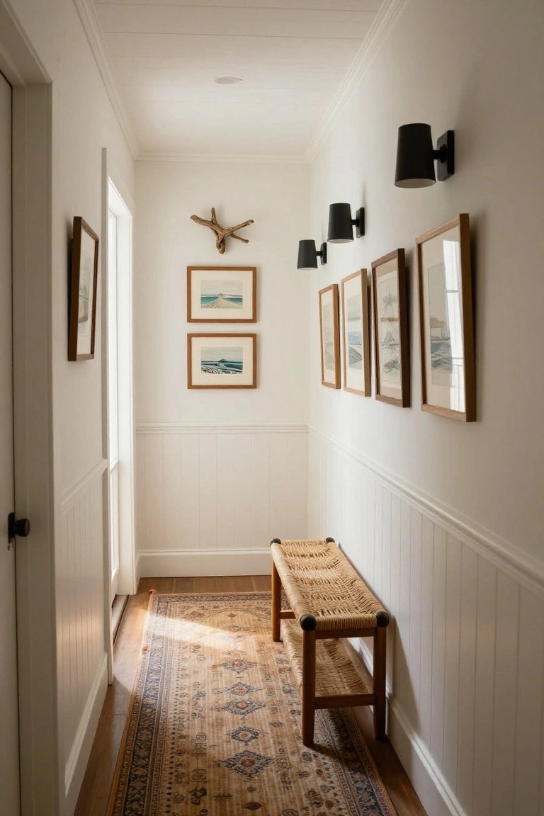 White hallway with wainscoting, woven bench on rug, framed art, and black sconces.