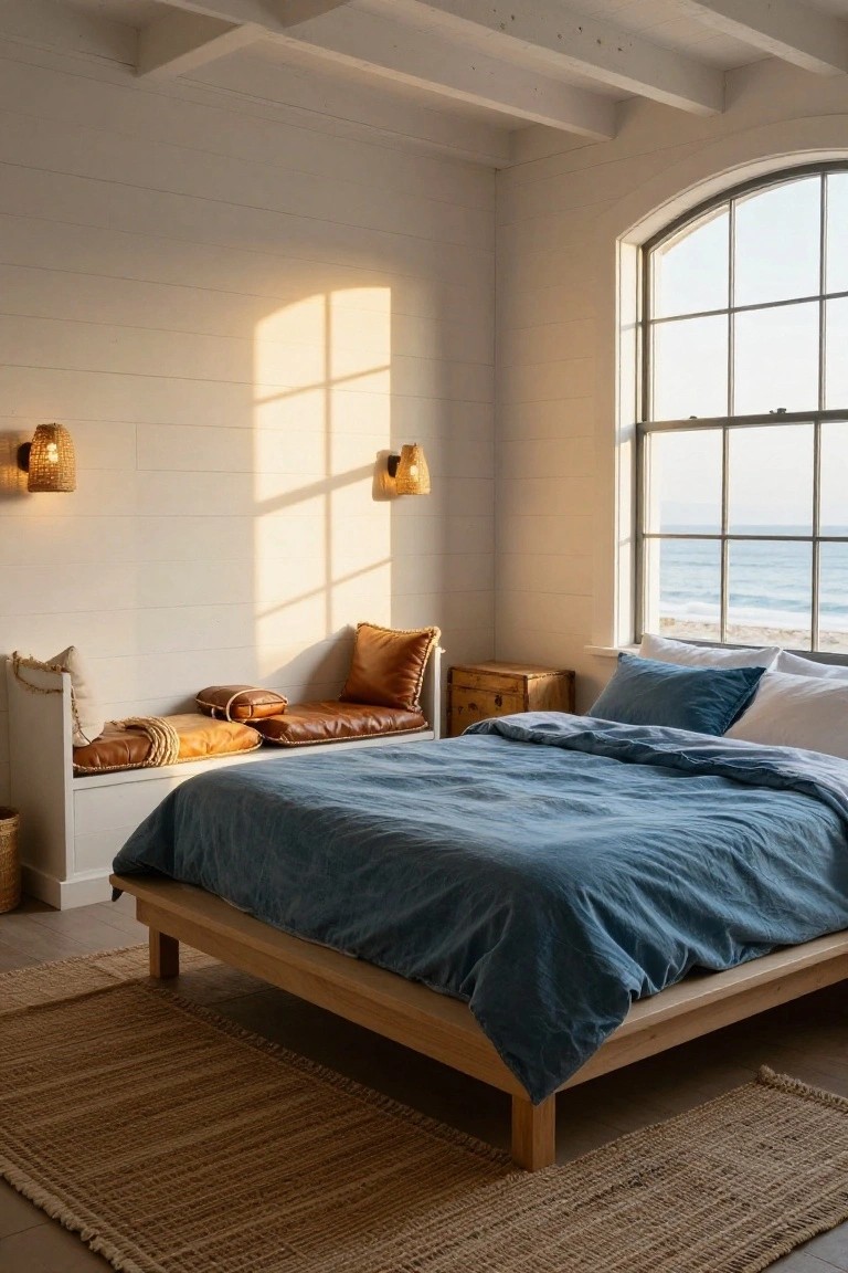 A bedroom featuring a low wooden bed with blue bedding, a built-in bench with brown leather cushions under a large arched window overlooking the ocean, and two woven wall sconces on white shiplap walls.
