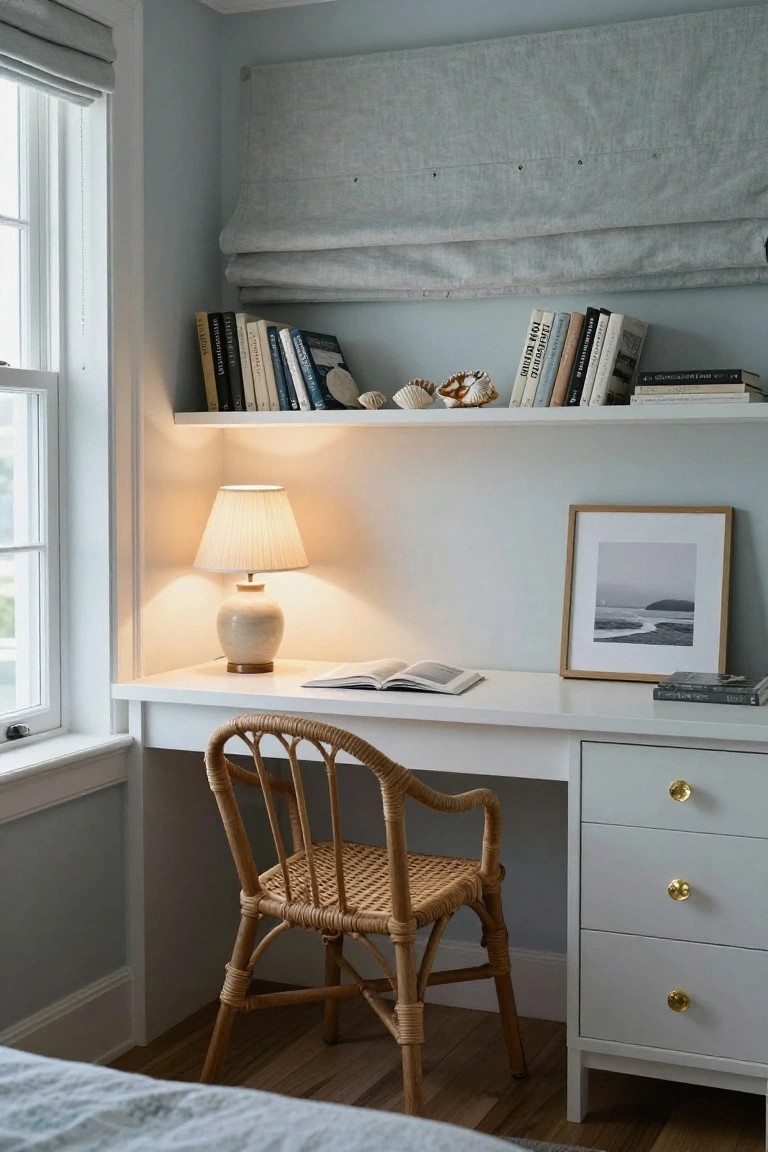 A white built-in desk with overhead shelf, wicker chair, table lamp, and open book in a light room with a window.