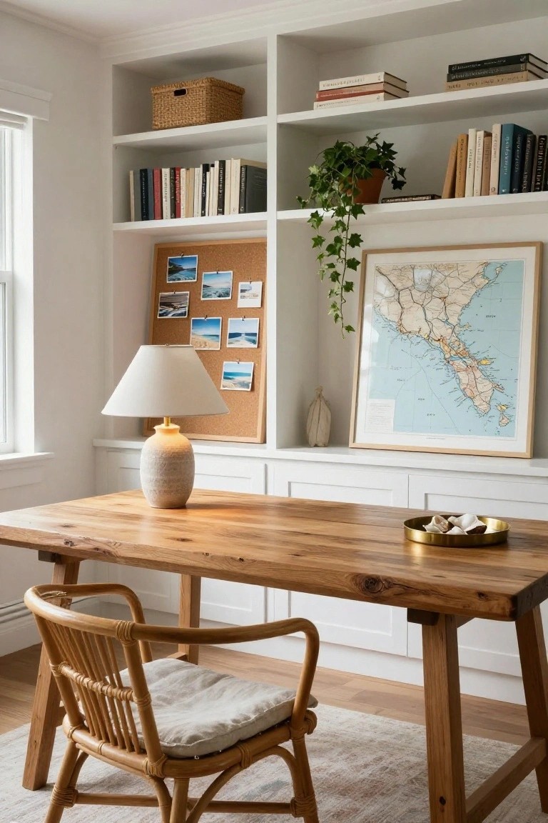 A home office featuring a wooden desk with a woven chair, white built-in bookshelves holding books and a plant, a corkboard with photos, and a framed map on the wall.