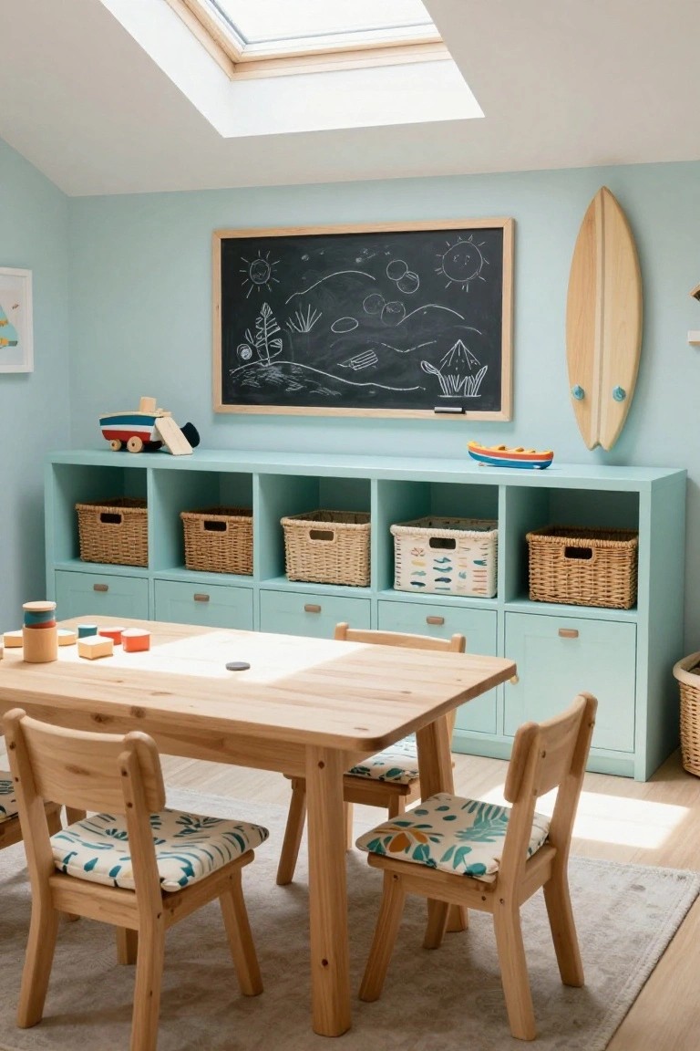 A children's playroom featuring a long mint green built-in storage unit with baskets, a wooden table with chairs, and a chalkboard above the unit.