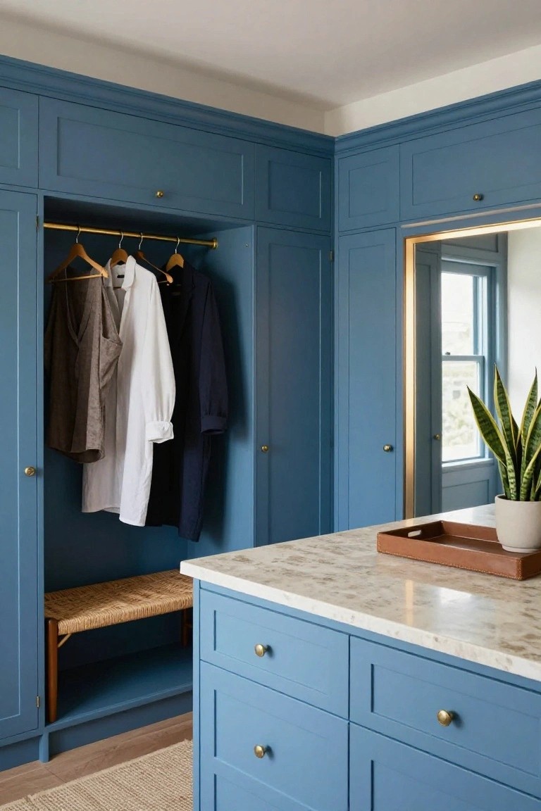 A blue built-in closet system with an open hanging section, lower drawers, a woven bench, and a marble countertop beside a potted plant.
