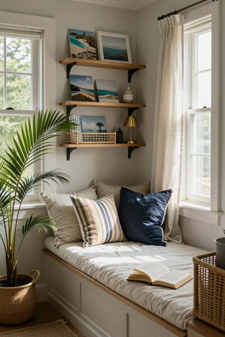 An interior corner with a built-in window seat, white bedding, several pillows, three wooden floating shelves holding framed photos and small decor, and a large potted palm nearby.