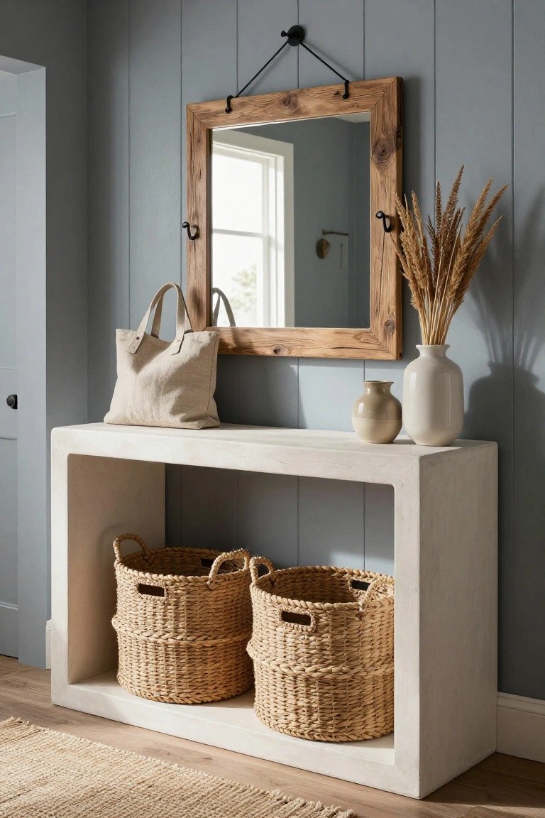 A white console table against a blue paneled wall with two woven baskets on the lower shelf, a wooden mirror hanging above, and a linen tote plus two vases on the tabletop.