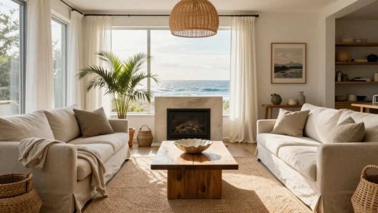 20 Stunning Modern Coastal Interior Design Ideas That Feel Light and Elevated A bright living room featuring a round wooden coffee table on a large jute rug, a white sofa, a fireplace, and a woven pendant light.