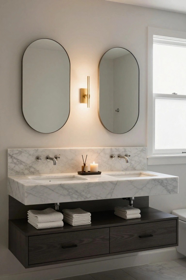 A modern bathroom with a floating double vanity featuring a white marble countertop, two oval mirrors, and dark wood storage drawers below with stacked towels on the open shelf.