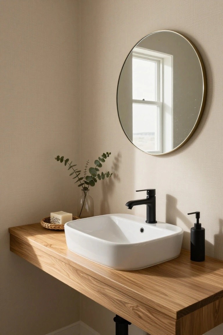A bathroom vanity area featuring a white vessel sink on a light wood floating countertop, with a round mirror above and a black faucet.