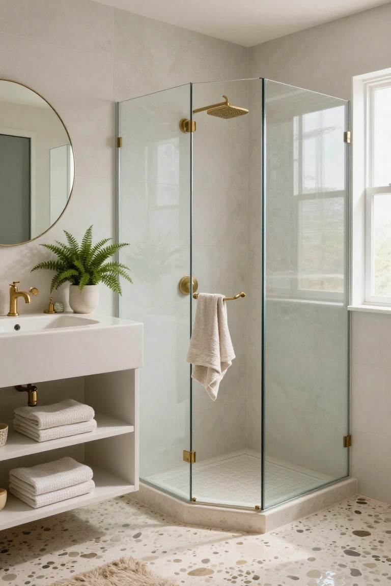 A modern bathroom with a corner glass shower enclosure, gold fixtures, a white floating vanity with open shelving holding white towels, and a round mirror above the sink.