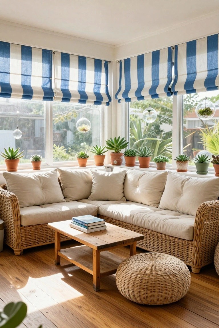 A bright room with a wicker sectional sofa, wooden coffee table, woven ottoman, and multiple potted succulents arranged along the windowsill under blue and white striped shades.