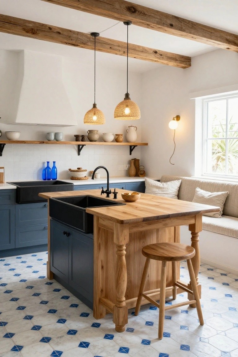 Rustic kitchen with blue cabinets, wooden island, black sink, and woven pendant lights.