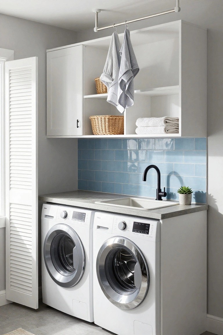 Modern laundry room with dual white washers, sink, blue tile backsplash, and open shelving.