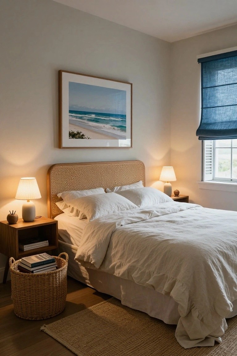 A bedroom with a bed that has a woven rattan headboard, white bedding, wooden nightstands with lamps, and a large framed beach photo on the wall above.
