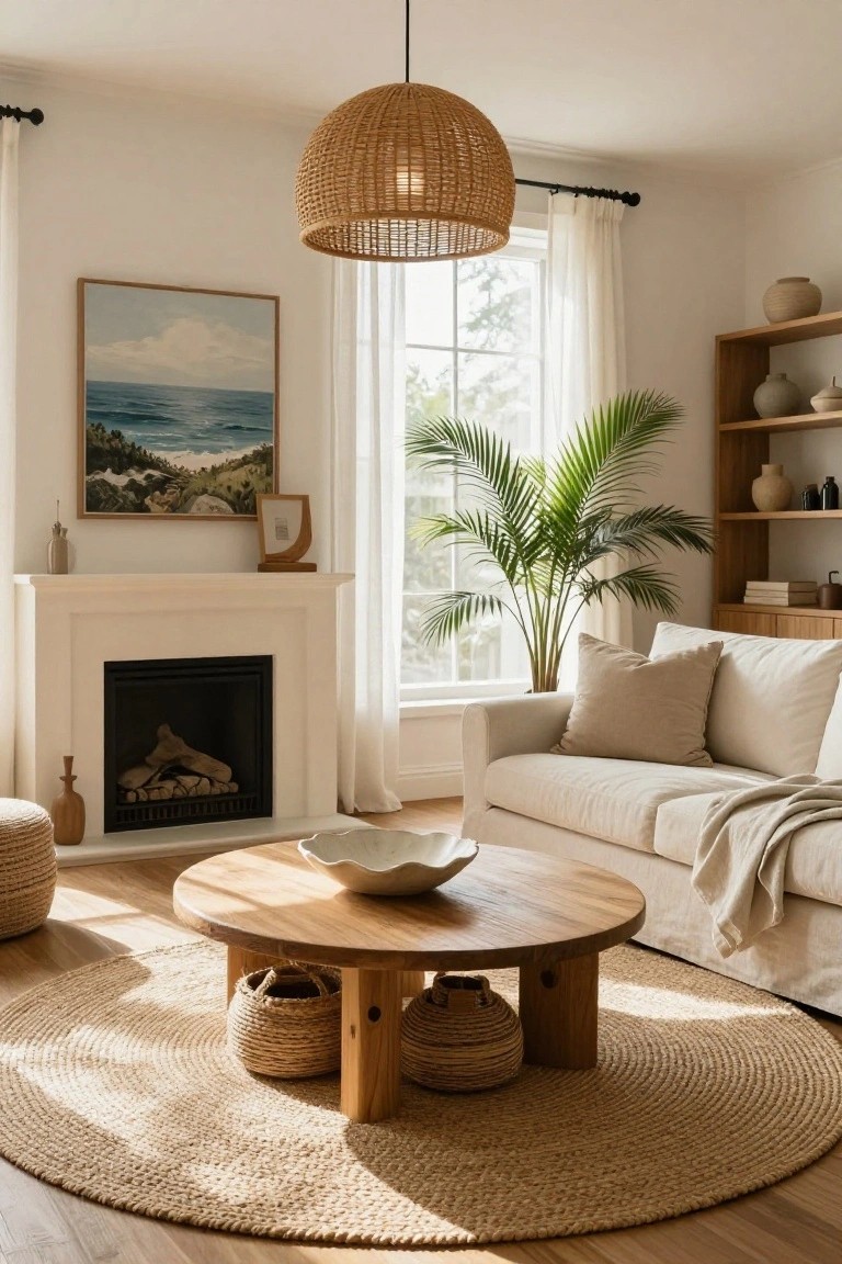 A bright living room featuring a round wooden coffee table on a large jute rug, a white sofa, a fireplace, and a woven pendant light.