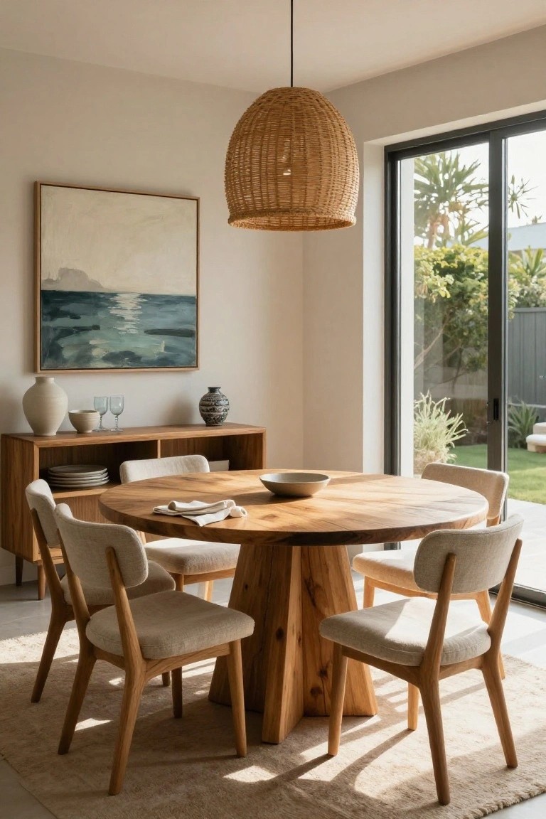 A round wooden dining table with four upholstered chairs sits under a large woven pendant light in a bright room with coastal artwork and a wooden sideboard.