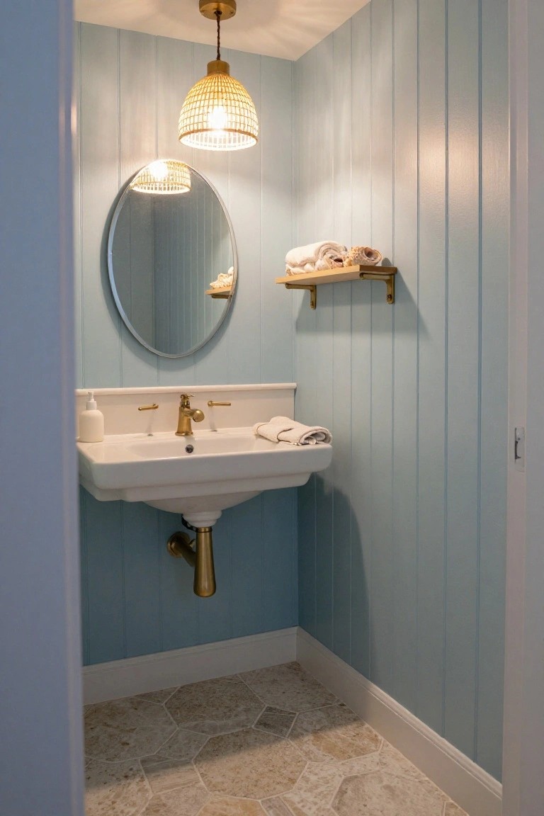 Small bathroom with light blue walls, white sink, gold fixtures, round mirror, and pendant light.