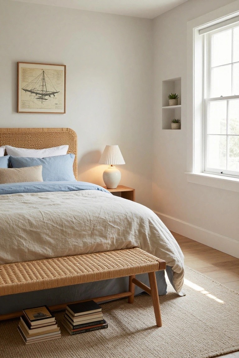 A bright bedroom with a rattan headboard, light linen bedding in beige and blue tones, a woven bench at the foot of the bed, and a nightstand with a lamp.