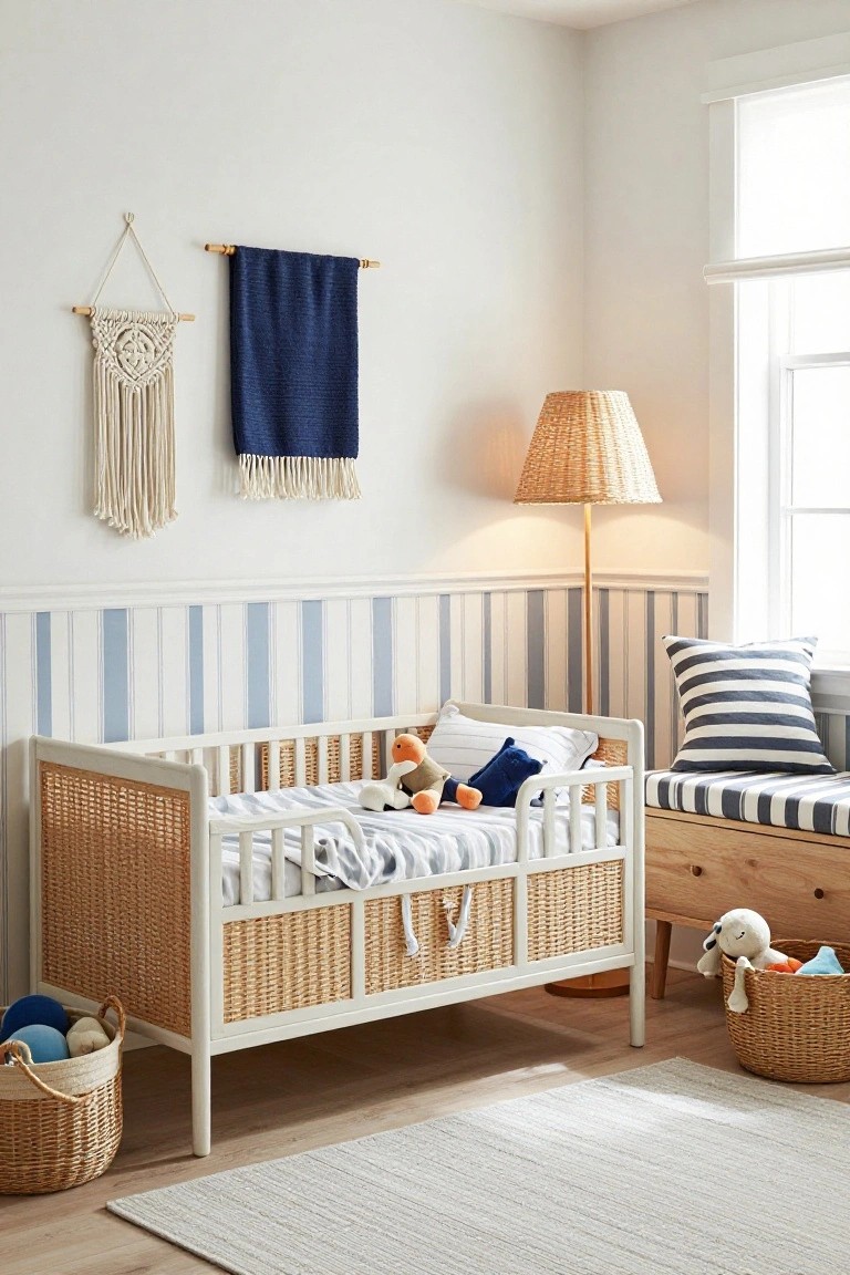 A white crib with woven rattan panels sits in a room with light blue striped wainscoting and a macrame wall hanging above it.