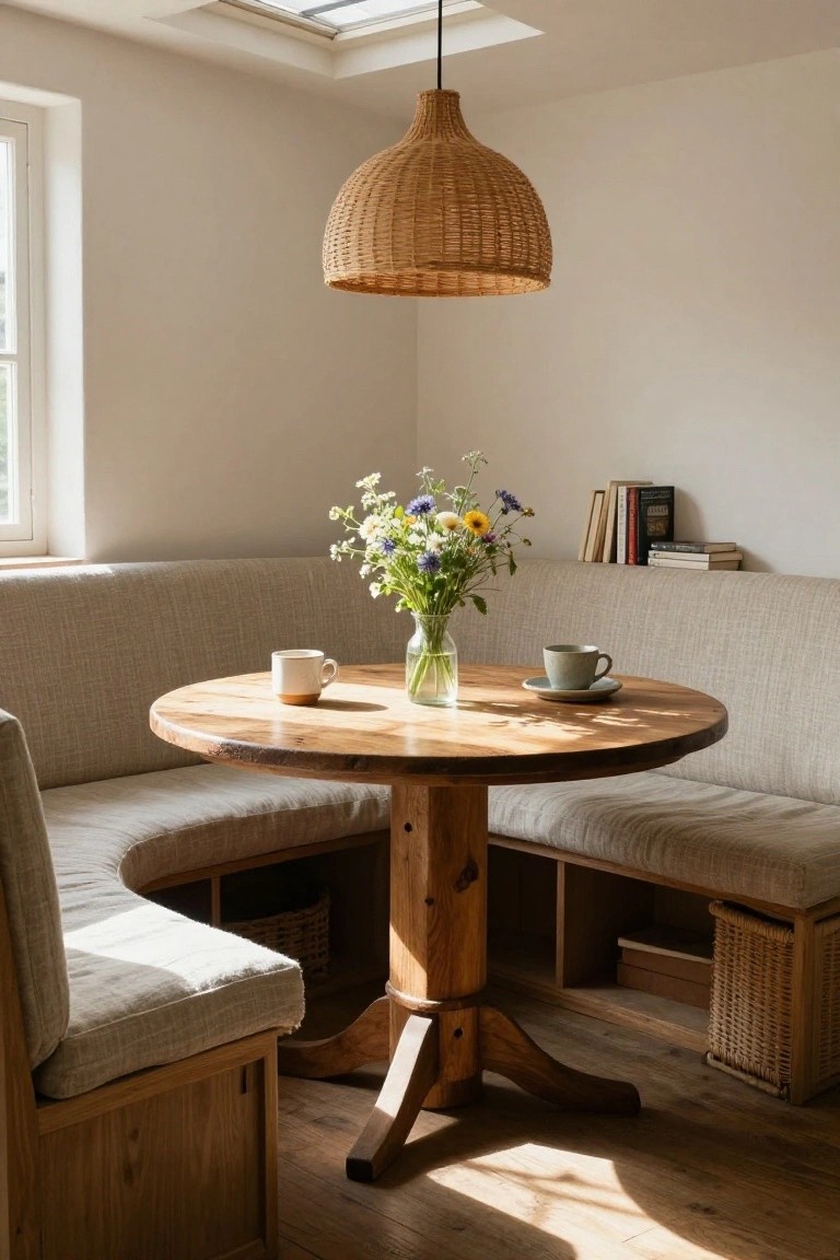 A round wooden pedestal table with two ceramic mugs and a glass vase of flowers sits inside a curved built-in bench with light fabric cushions, under a woven pendant light in a bright room.