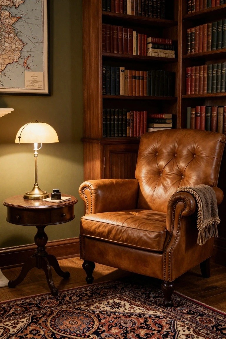 A brown leather armchair is positioned in front of dark wooden built-in bookshelves filled with books, beside a round wooden side table holding a lit lamp.