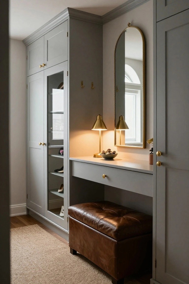 A gray built-in closet system with glass doors beside a wall-mounted vanity desk, arched mirror, and brown leather ottoman.