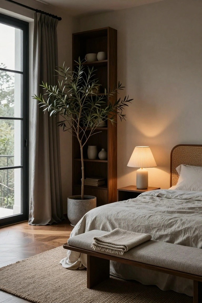 A bedroom with a tall wooden built-in bookshelf next to the bed, a large potted tree in front of it, neutral bedding, and a lit table lamp on a small nightstand.