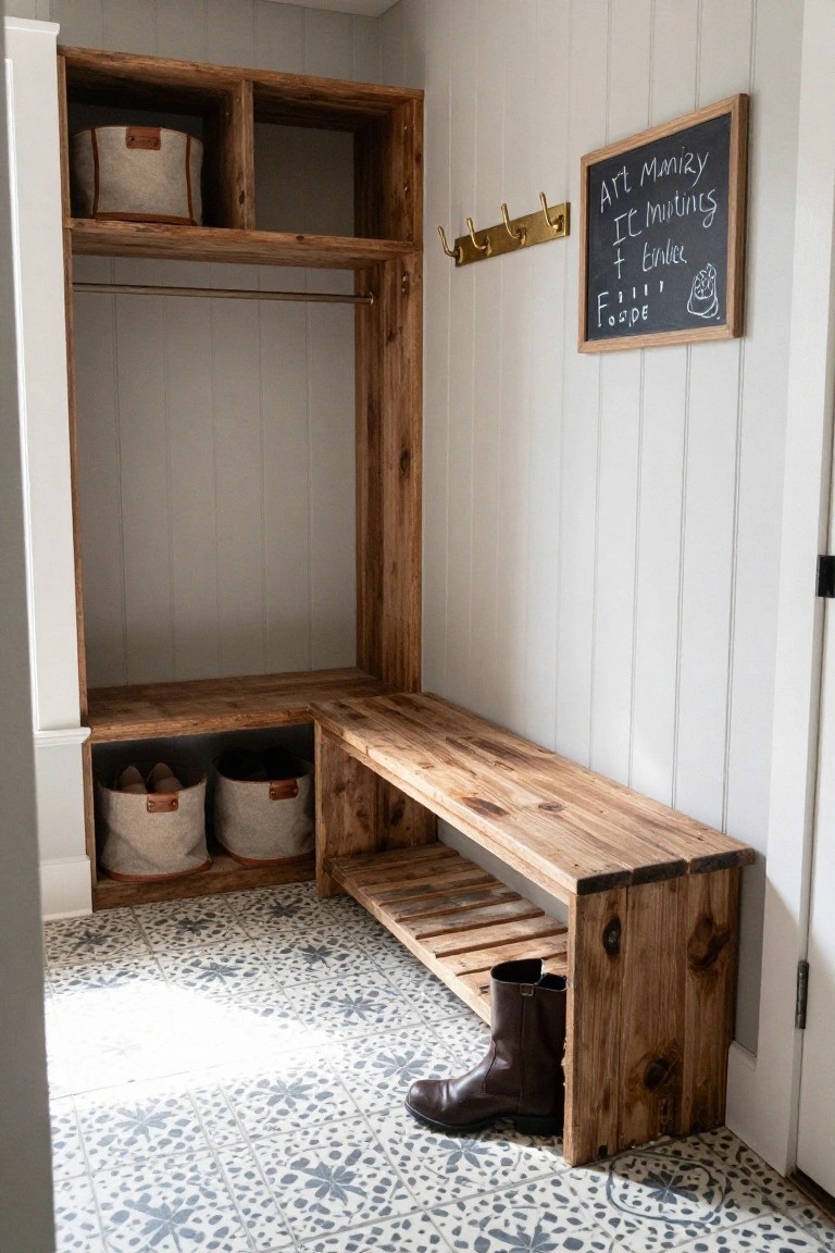 A wooden built-in bench and storage unit along a white paneled wall, with fabric bins, a hanging rod, hooks, and a chalkboard nearby.