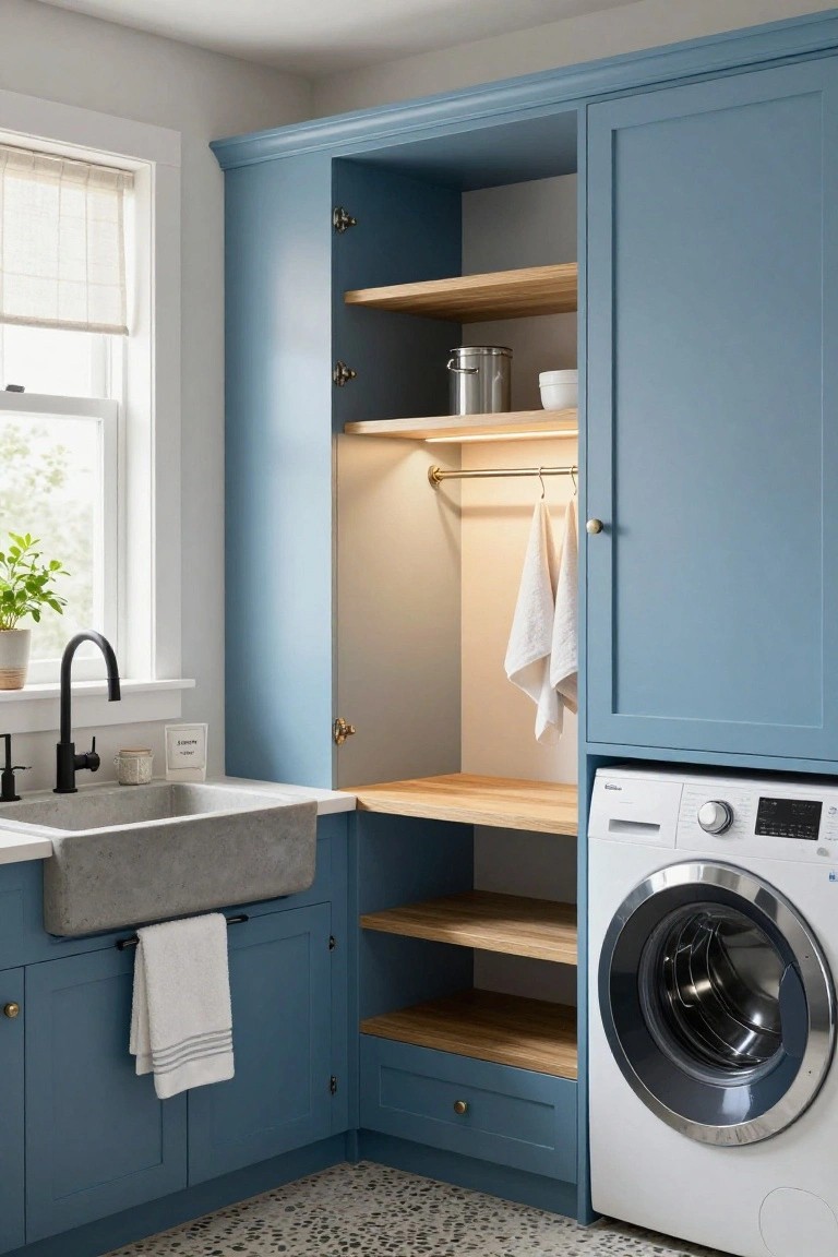 A laundry room featuring blue built-in cabinets with open wooden shelves, a white washing machine, and a concrete sink beside a window.