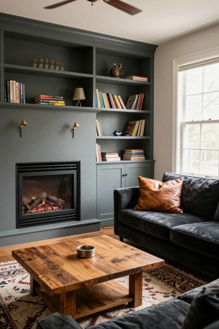 A living room featuring a dark gray built-in unit with shelves and a fireplace, a dark sofa with a brown leather pillow, and a wooden coffee table on a patterned rug.