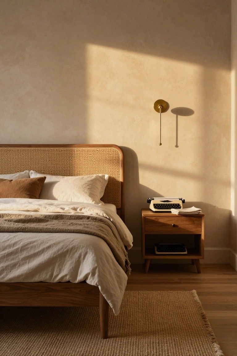 A bedroom featuring a wooden bed with a cane headboard, neutral linen bedding, a wooden nightstand with a typewriter on top, and a brass wall sconce casting shadows on a textured wall.