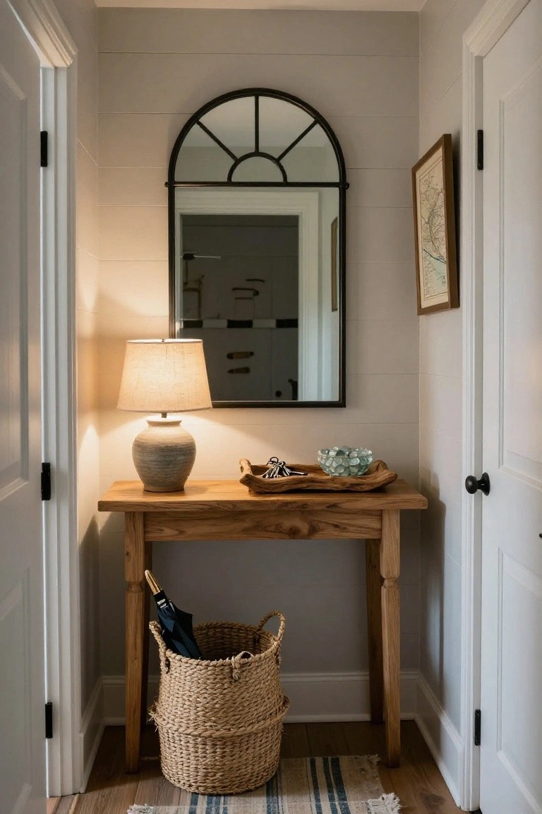 A wooden console table placed in a narrow hallway beneath an arched mirror, with a lamp on top and a woven basket stored underneath.