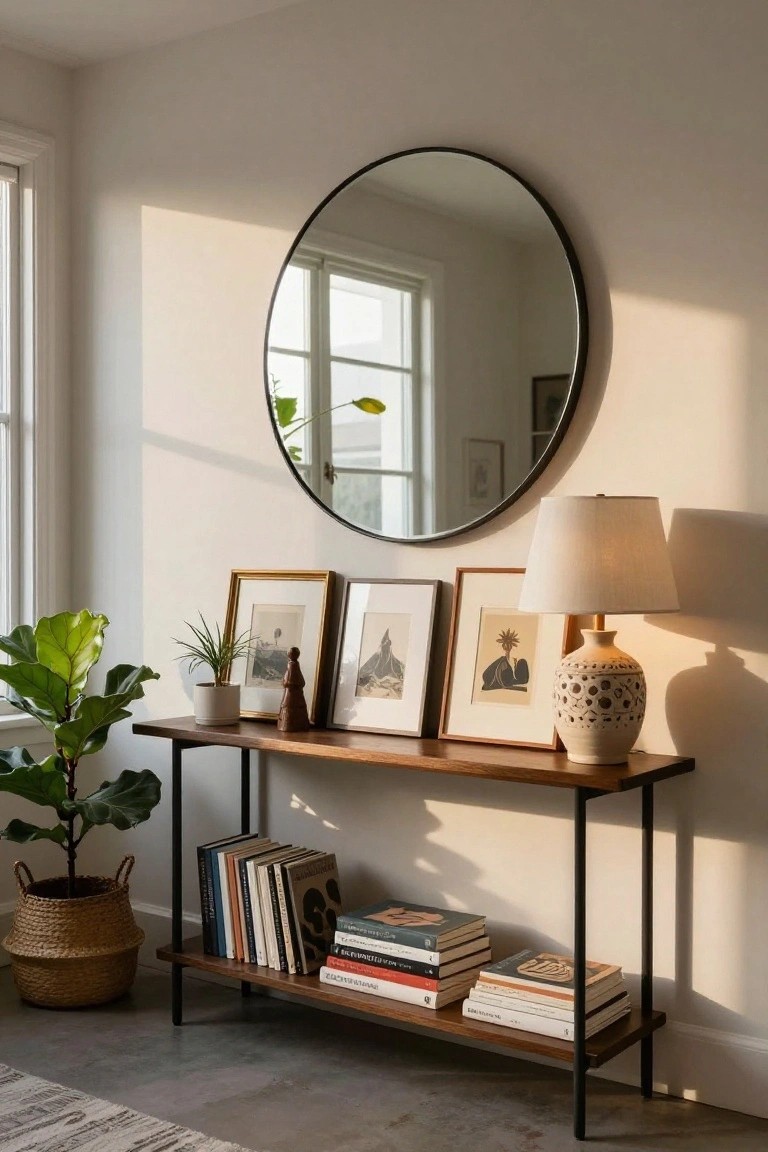 A wooden console table with books on the lower shelf is positioned below a round mirror on a light-colored wall.