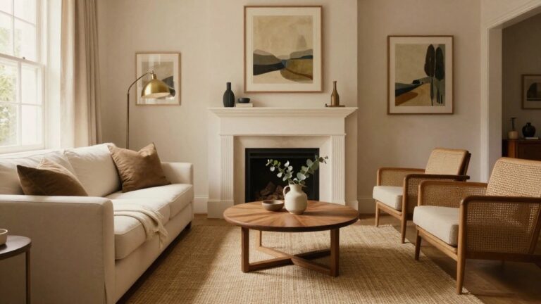21 Timeless Interior Design Ideas That Always Feel Effortlessly Elegant A bright living room with a long white sofa, round wooden coffee table, white fireplace, and a brass floor lamp near a window with sheer curtains.