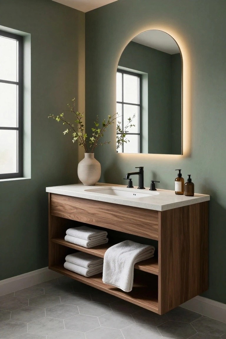 A bathroom with a floating wood vanity that has open shelves holding folded white towels, a white countertop, black faucet, and a backlit arched mirror on a green wall.