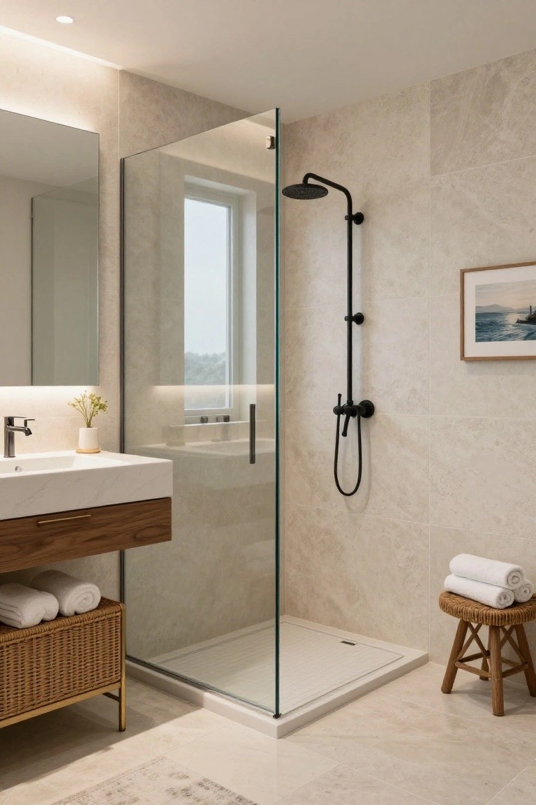 A bathroom interior with a frameless glass shower enclosure, black shower fixtures, beige tiled walls, a white floating vanity with wood drawer, and a woven basket holding towels.