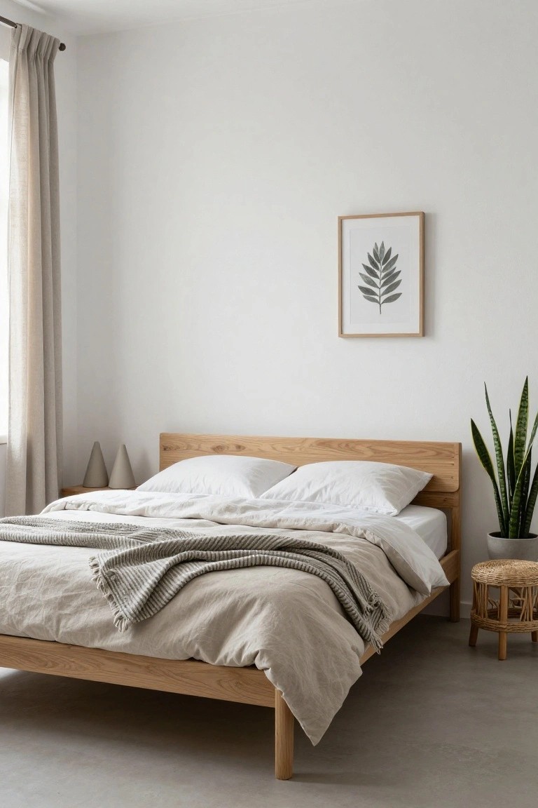 Minimalist wooden bed with white linens, gray throw, framed leaf art, and snake plant.