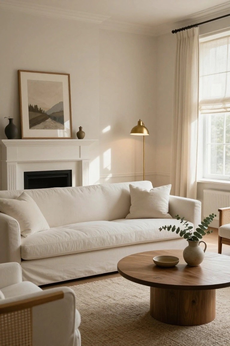 A bright living room with a long white sofa, round wooden coffee table, white fireplace, and a brass floor lamp near a window with sheer curtains.