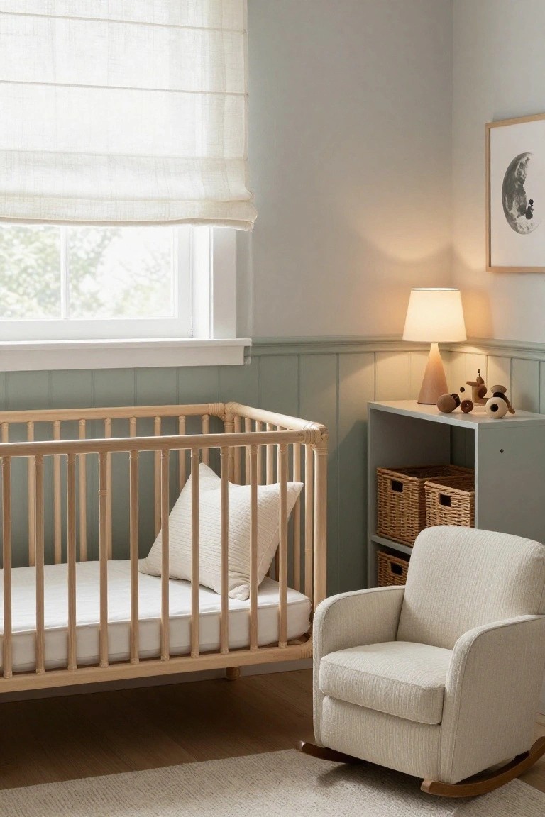 A light wood crib with white bedding next to a beige rocking chair in a room with sage green wainscoting and a window with a white shade.