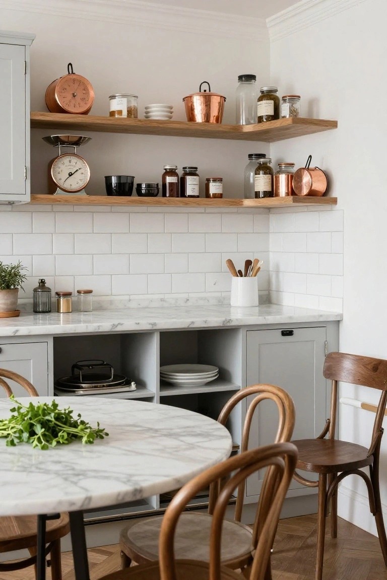A kitchen interior with white subway tile, marble countertops, grey cabinets, wooden chairs, and two tiers of open wooden shelves holding jars, copper pots, and dishes.