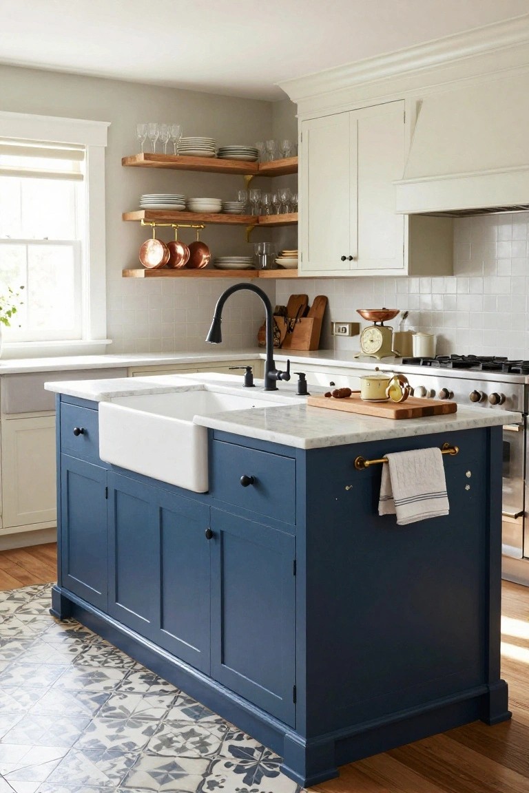 A kitchen interior featuring a large blue island with a white farmhouse sink, marble countertop, and brass hardware, set against white cabinets and open wooden shelves.
